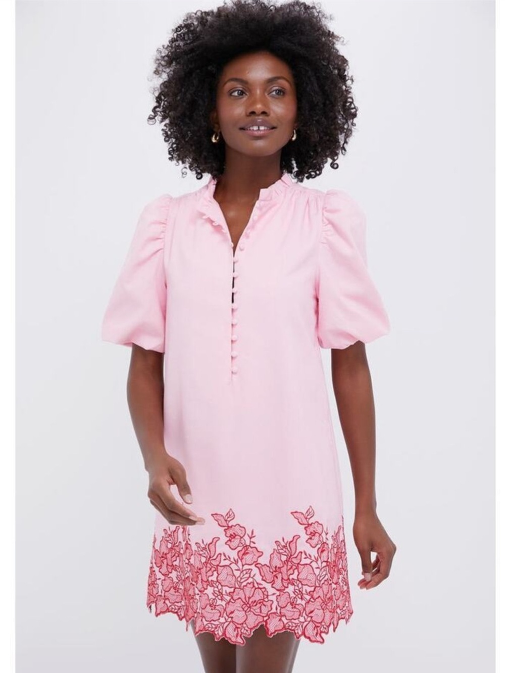 Pink Puff Sleeve Shift Dress with Floral Hem